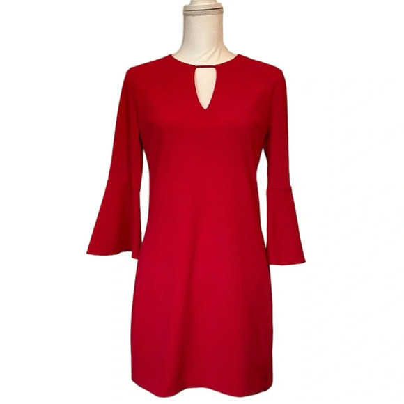 Express Keyhole Bell 3/4 Sleeve Solid Red Above Knee Women’s Small Dress - Picture 13 of 13